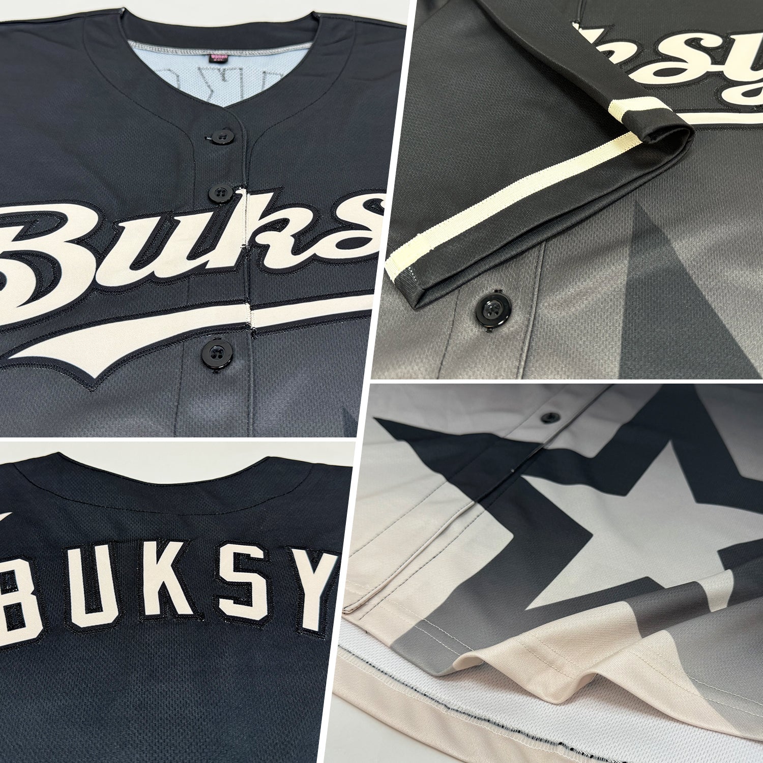 Custom Black Cream 3D Pattern Design Gradient Style Twinkle Star Authentic Baseball Jersey view 2
