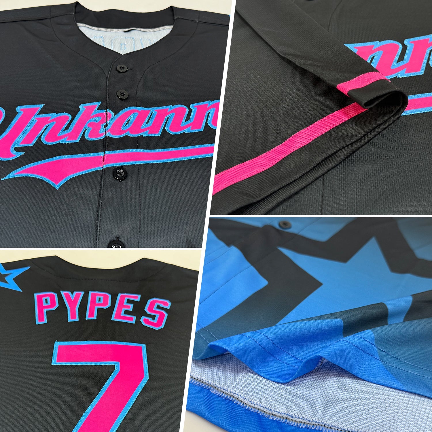 Custom Black Pink-Sky Blue 3D Pattern Design Gradient Style Twinkle Star Authentic Baseball Jersey view 2
