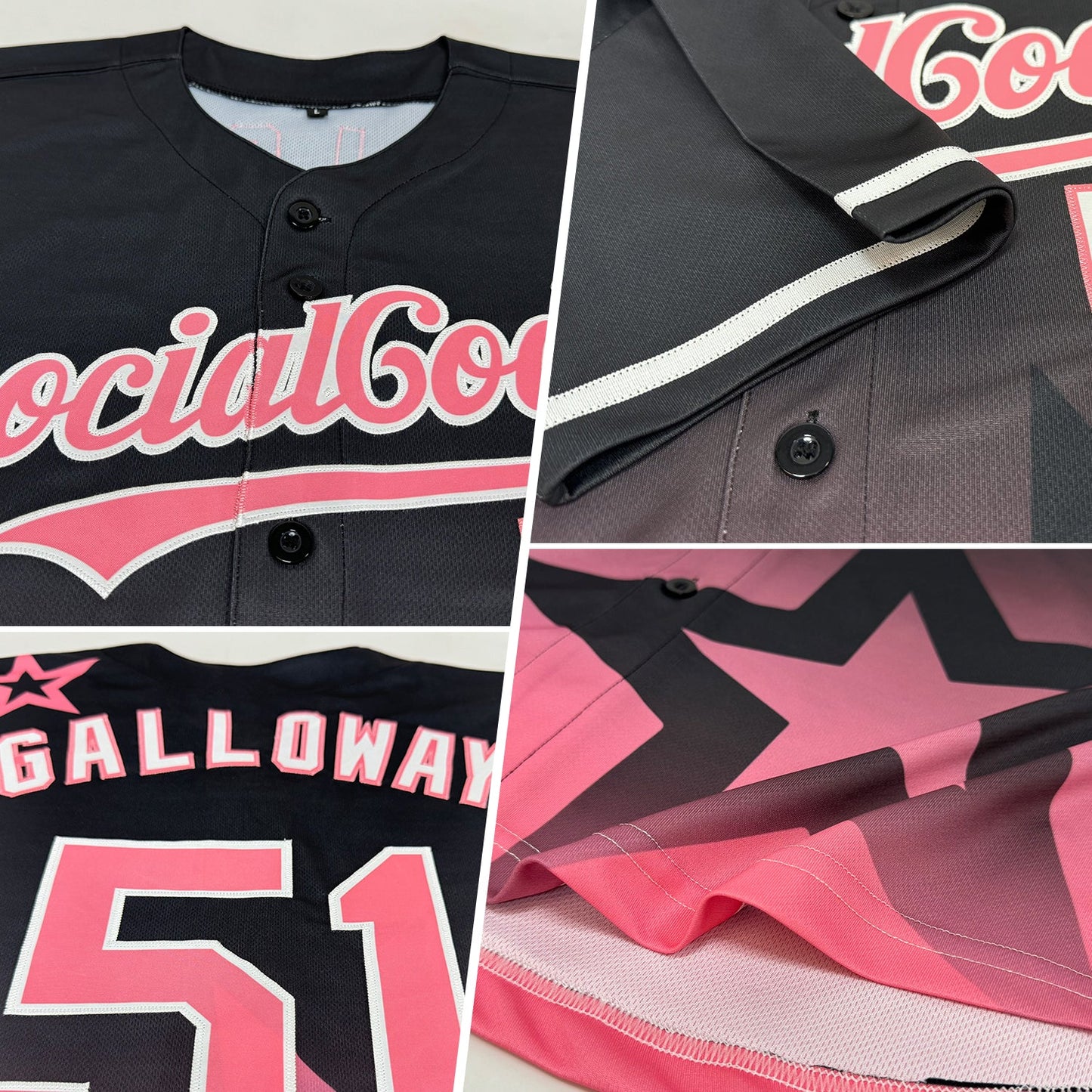 Custom Black Medium Pink-White 3D Pattern Design Gradient Style Twinkle Star Authentic Baseball Jersey view 2