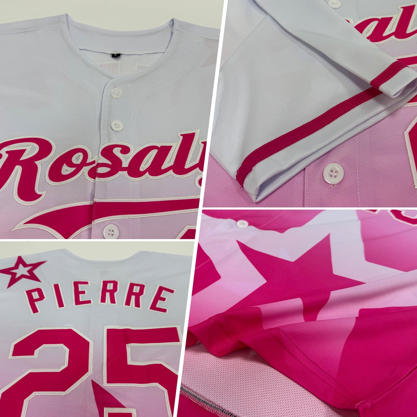 Custom White Pink 3D Pattern Design Gradient Style Twinkle Star Authentic Baseball Jersey view 2