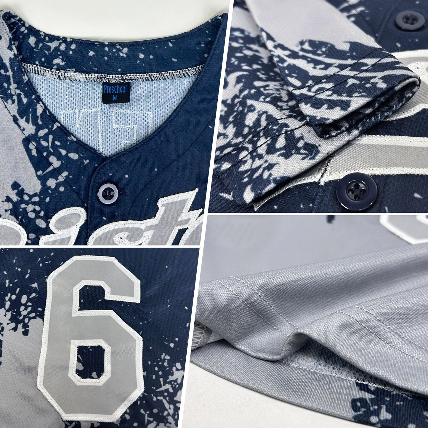 Custom Gray Navy-White 3D Pattern Design Abstract Brush Stroke Authentic Baseball Jersey view 2