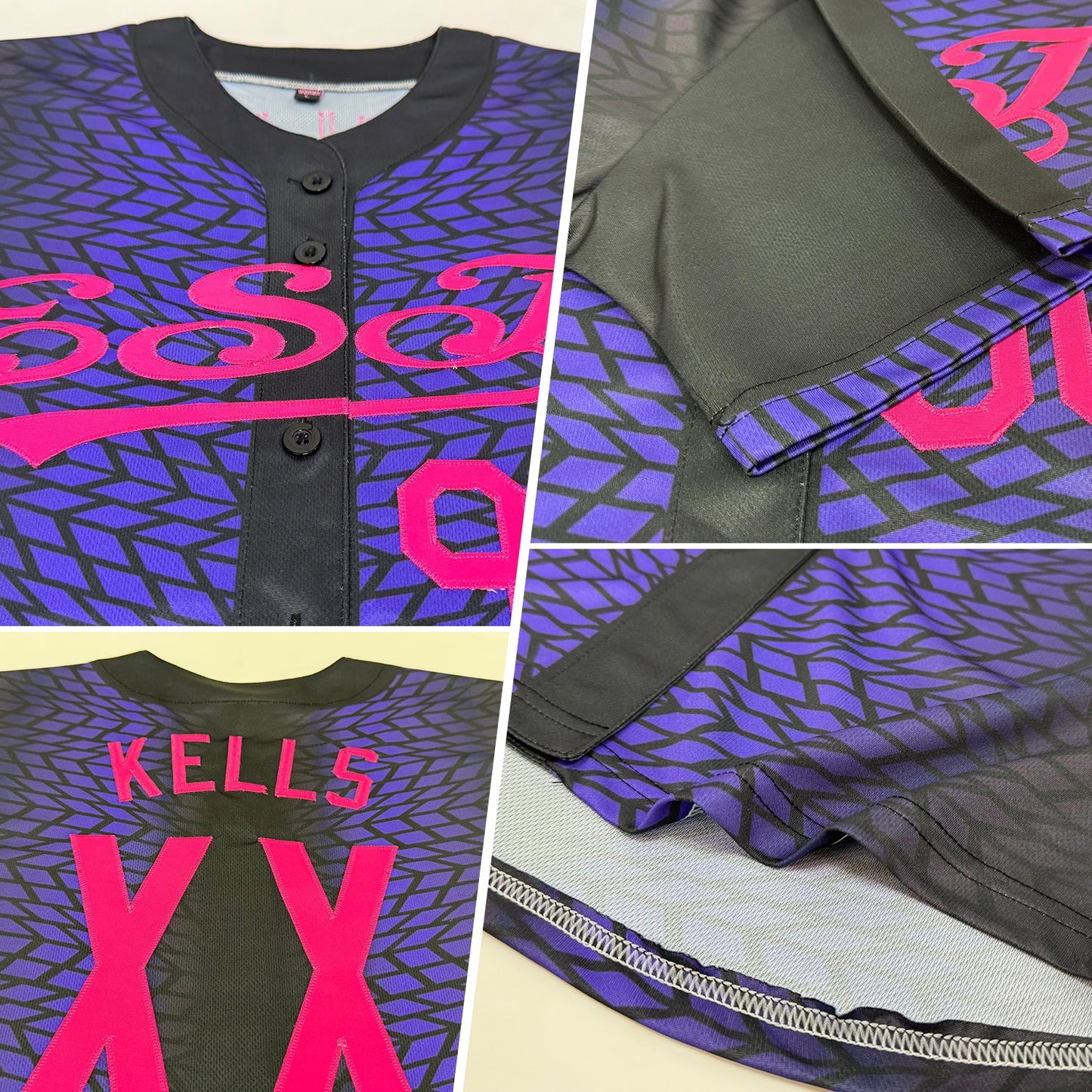 Custom Black Pink-Purple 3D Pattern Design Geometric Shapes Authentic Baseball Jersey view 2