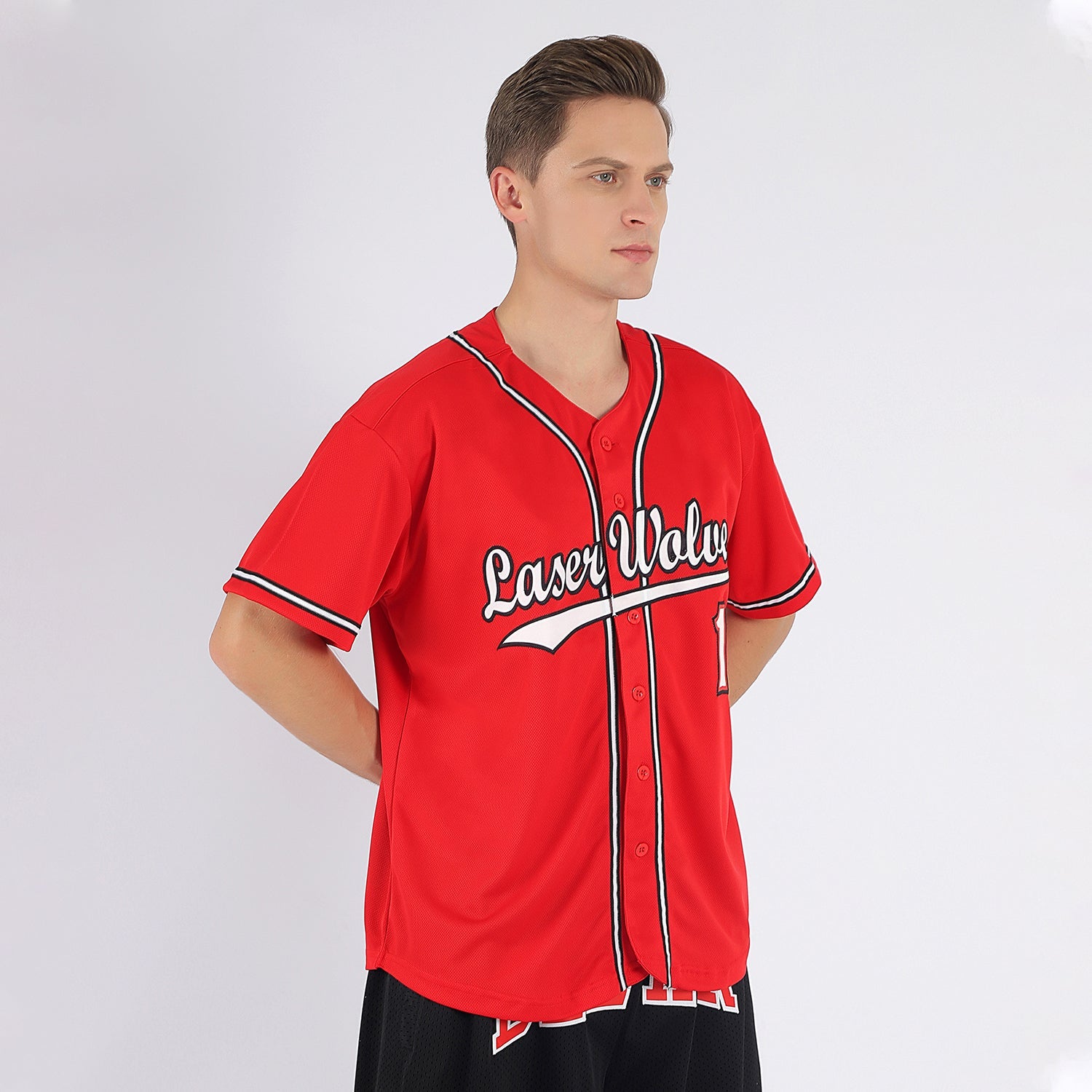 Custom Red White-Black Baseball Jersey view 2