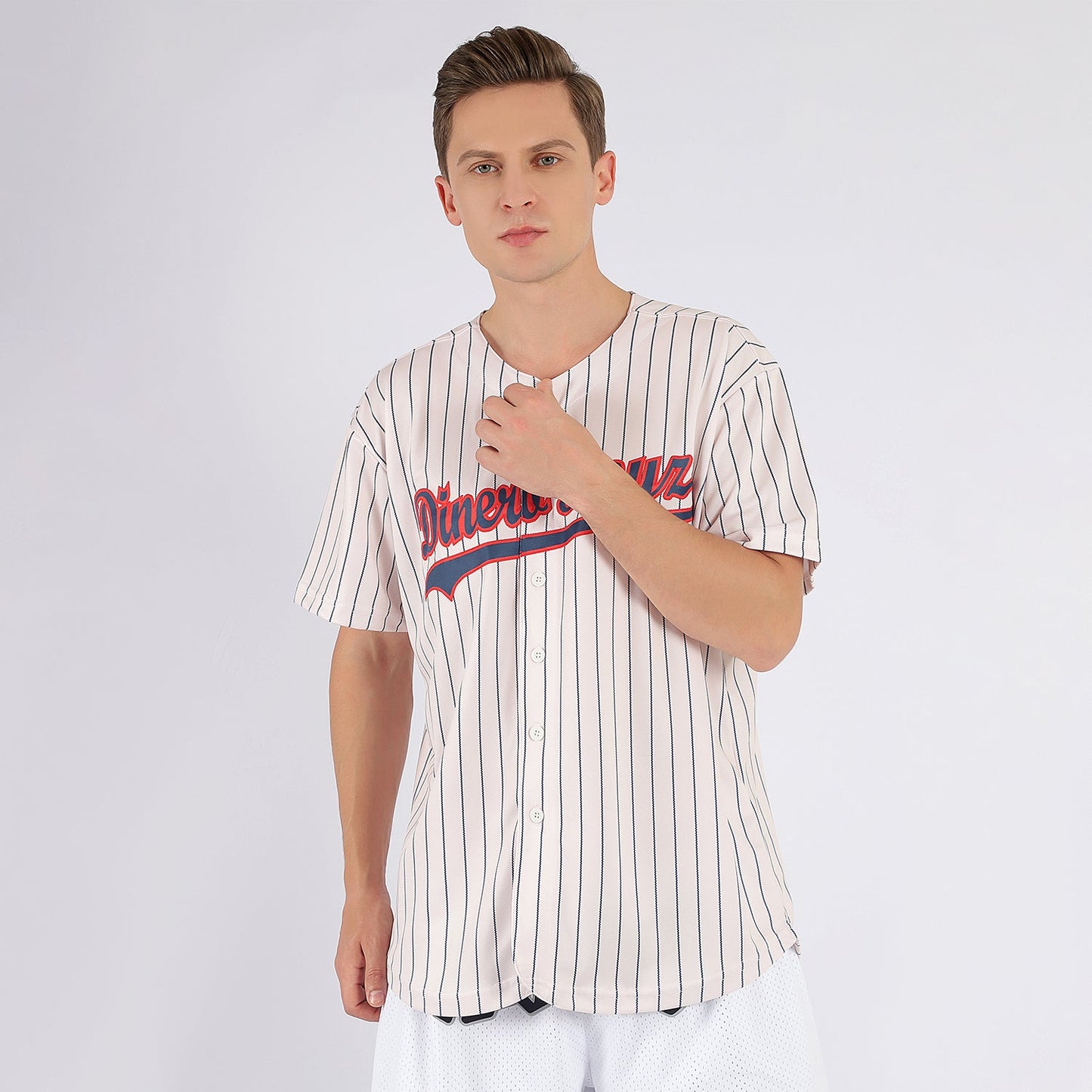 Custom Cream Navy Pinstripe Navy-Red Baseball Jersey view 2