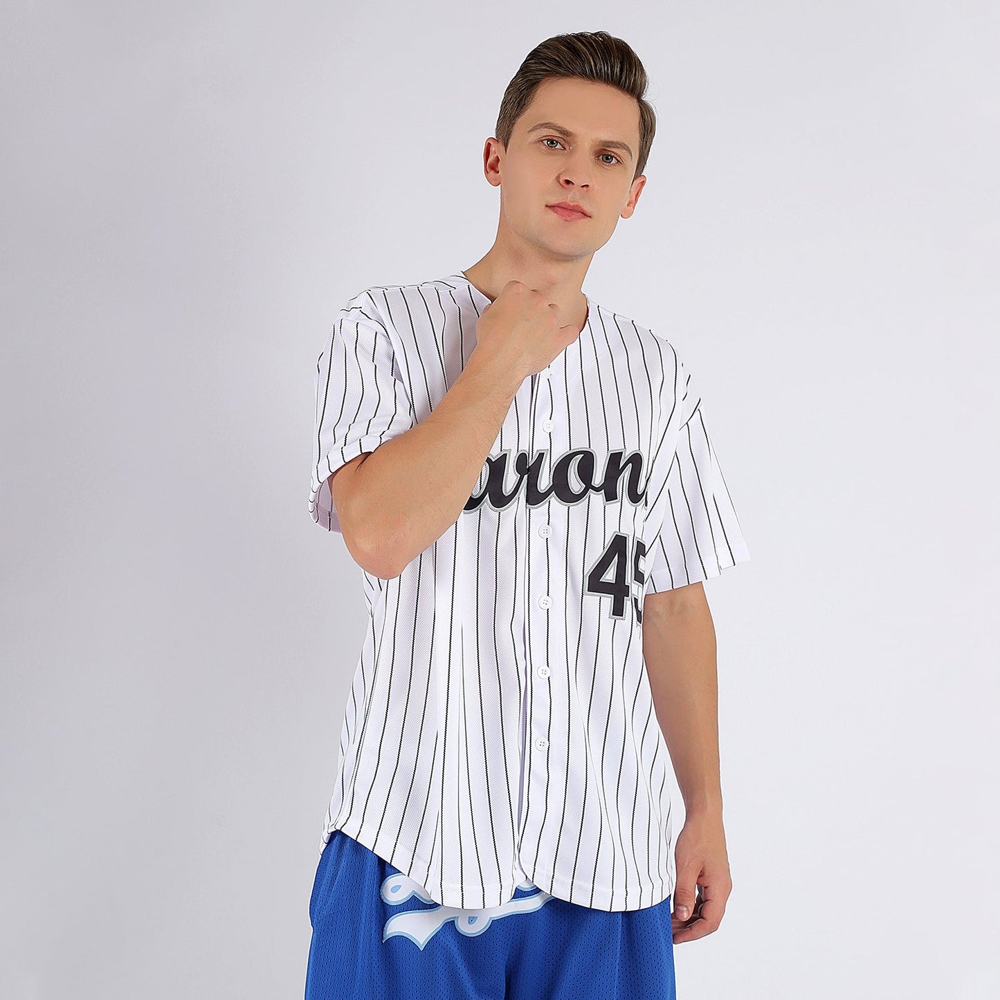 Custom White Black Pinstripe Black-Gray Baseball Jersey view 2