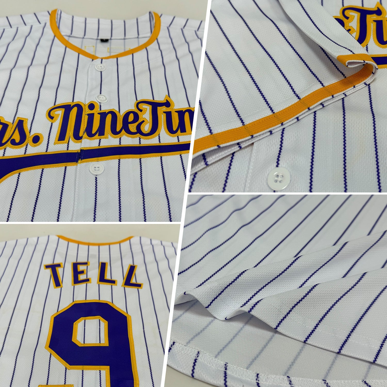 Custom White Purple Pinstripe Purple-Gold Authentic Baseball Jersey view 2