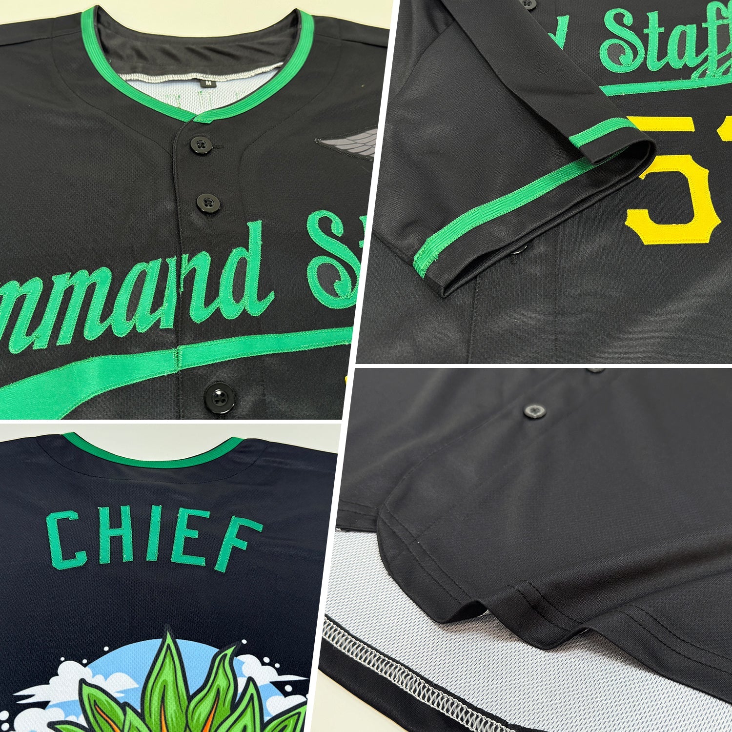 Custom Black Kelly Green-Gold Authentic Skull Pineapple Head Baseball Jersey view 2