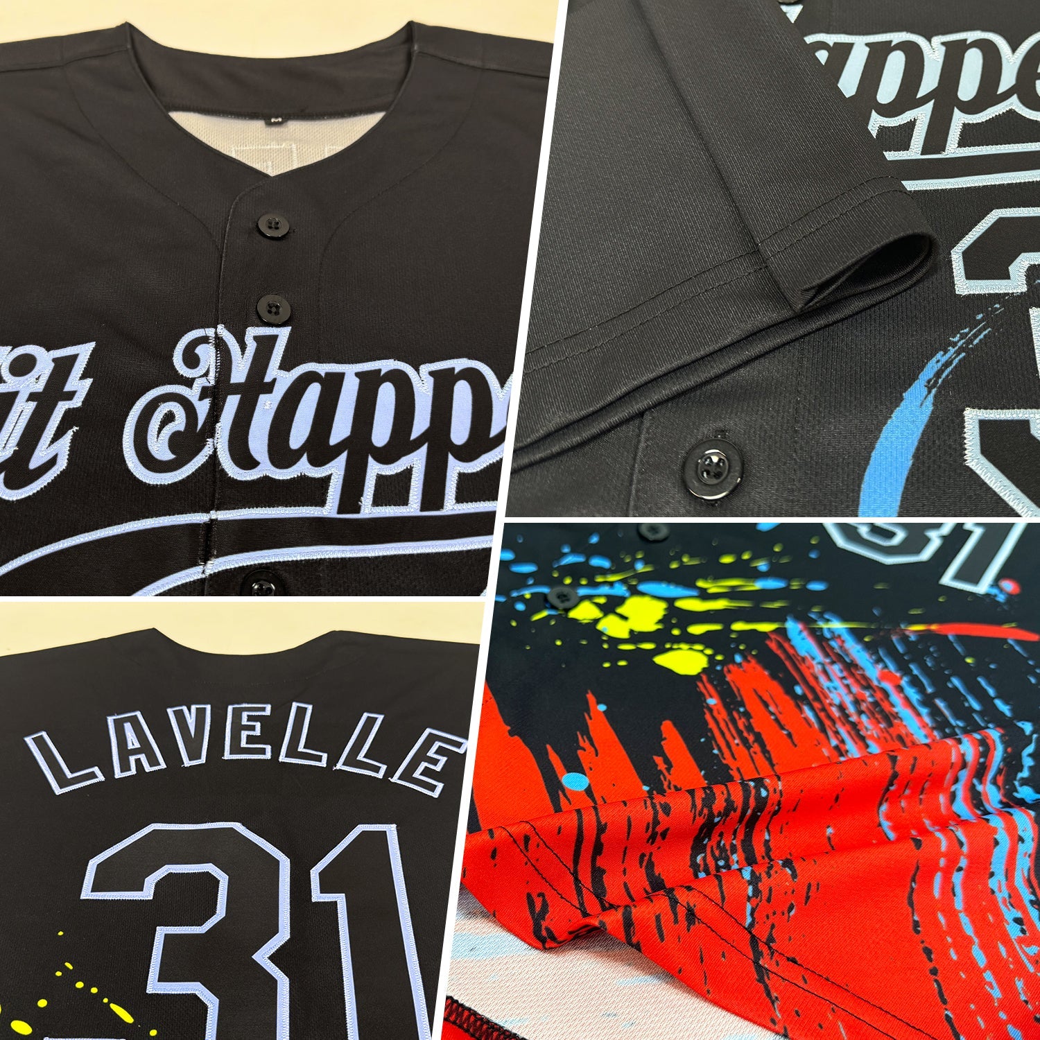 Custom Graffiti Pattern Black-Light Blue 3D Authentic Baseball Jersey view 2