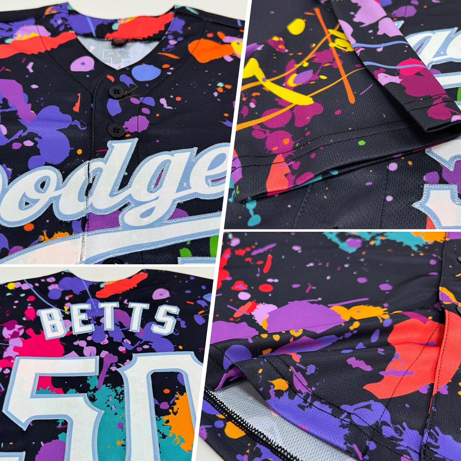 Custom Splashes Graffiti Pattern White-Light Blue 3D Authentic Baseball Jersey view 2