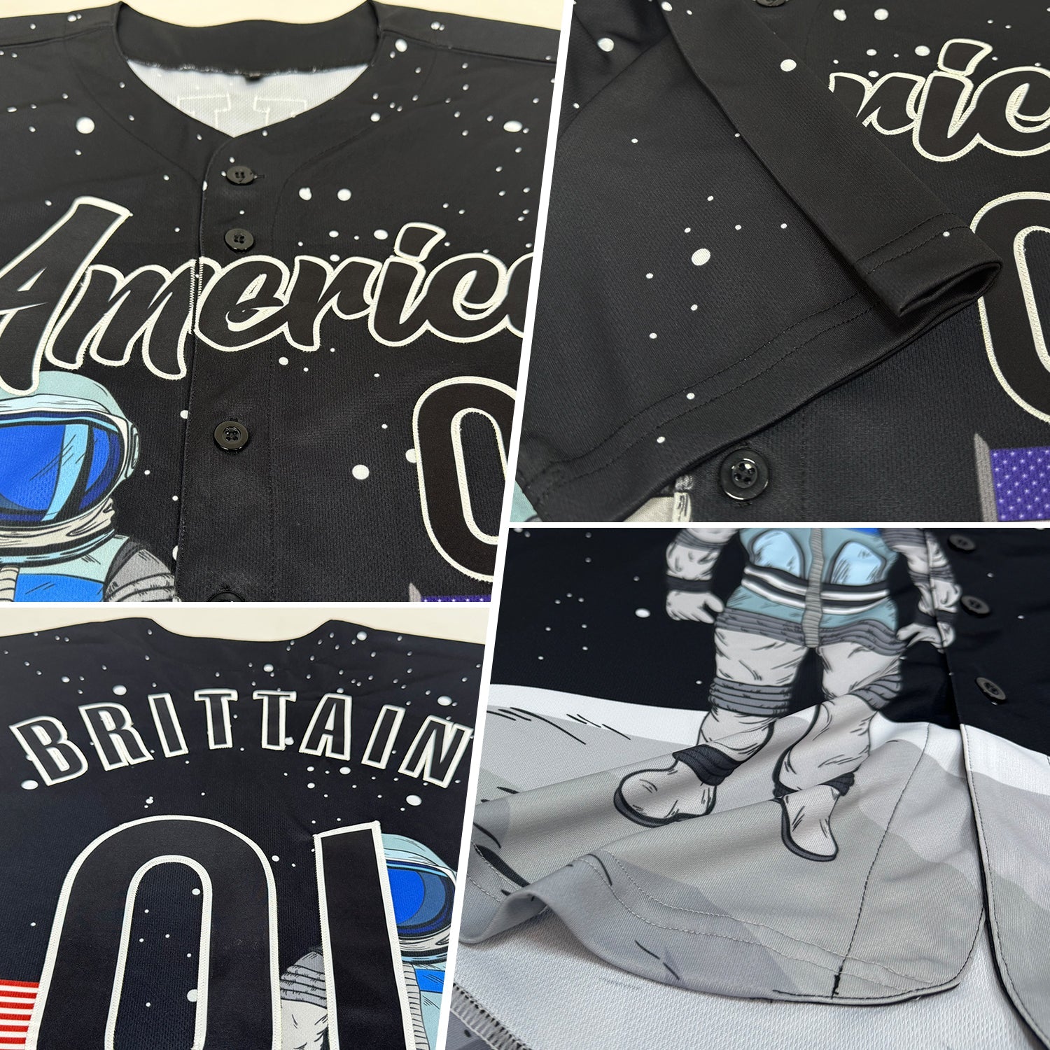 Custom Black Black-White 3D Pattern Design Astronaut Authentic Baseball Jersey view 2