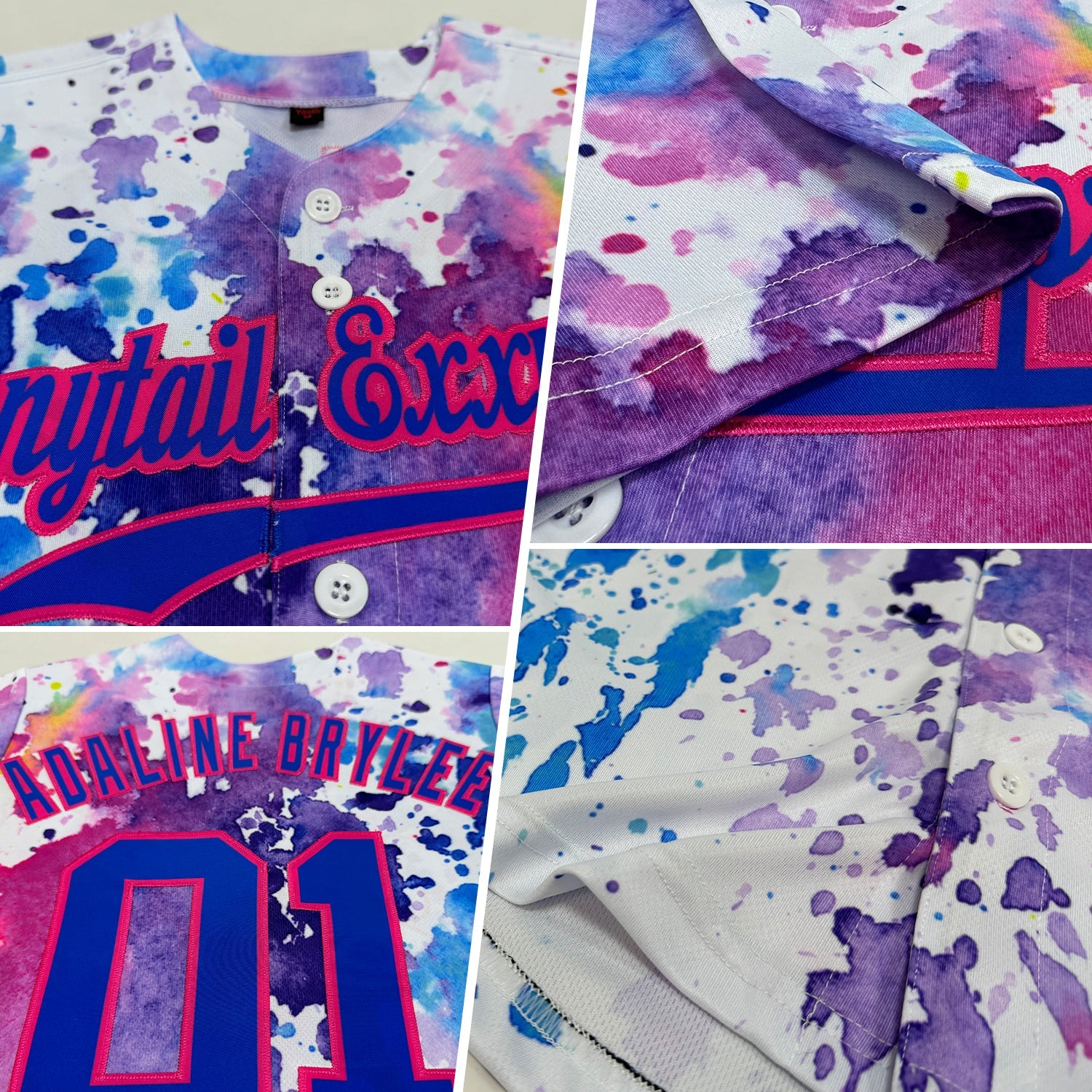 Custom White Royal-Pink 3D Pattern Design Watercolor Authentic Baseball Jersey view 2