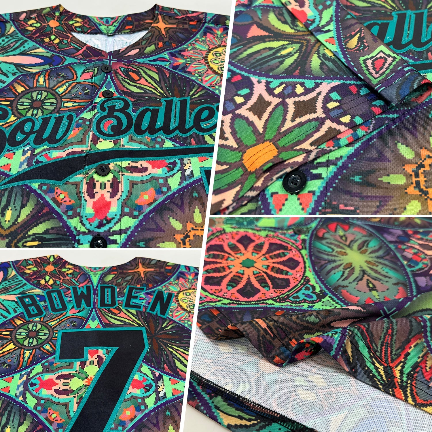 Custom Black Black-Teal 3D Pattern Design Mandalas Authentic Baseball Jersey view 2
