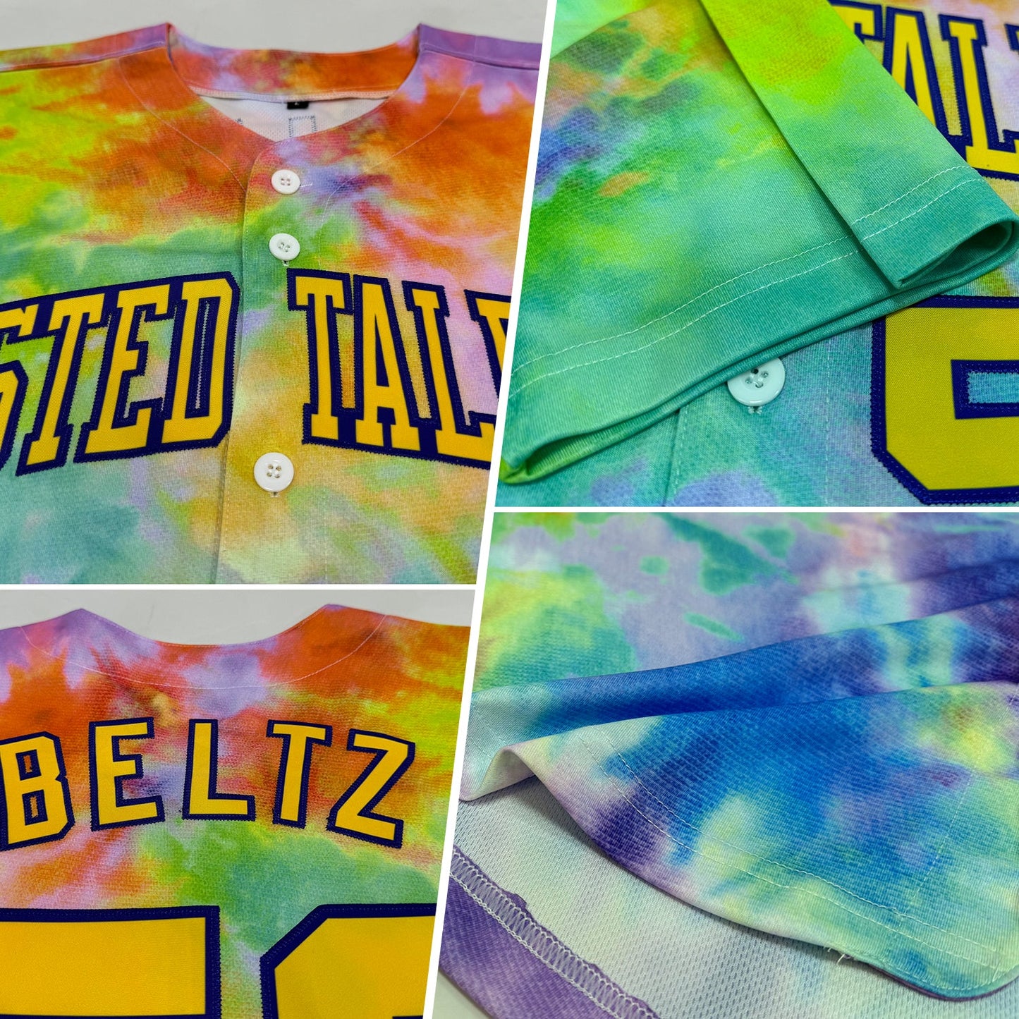 Custom Tie Dye Gold-Purple 3D Authentic Baseball Jersey view 2
