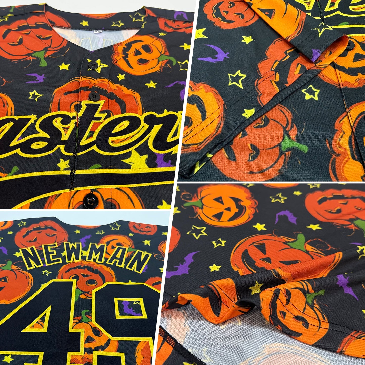 Custom 3D Pattern Halloween Pumpkins Bats Stars Authentic Baseball Jersey view 2