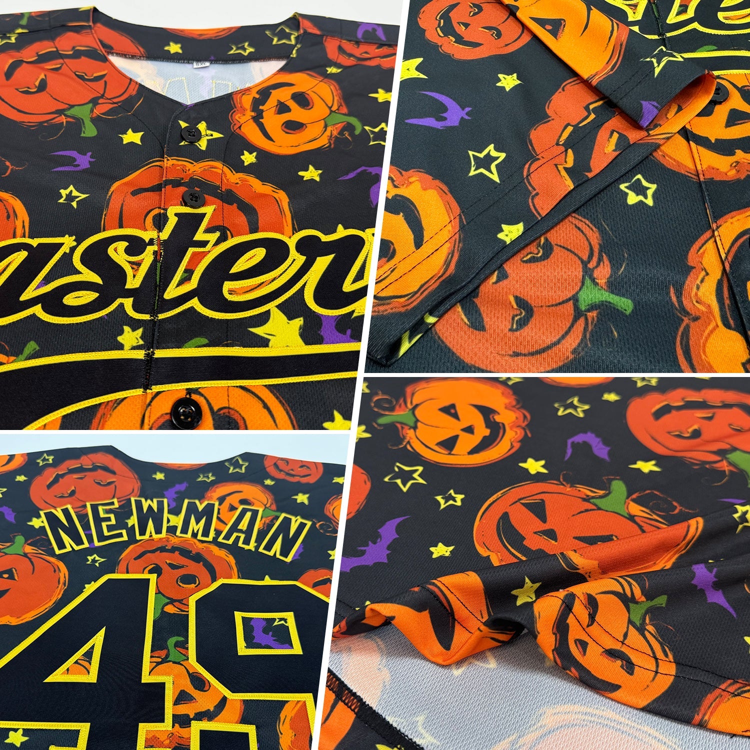 Custom 3D Pattern Halloween Pumpkins Bats Stars Authentic Baseball Jersey view 2