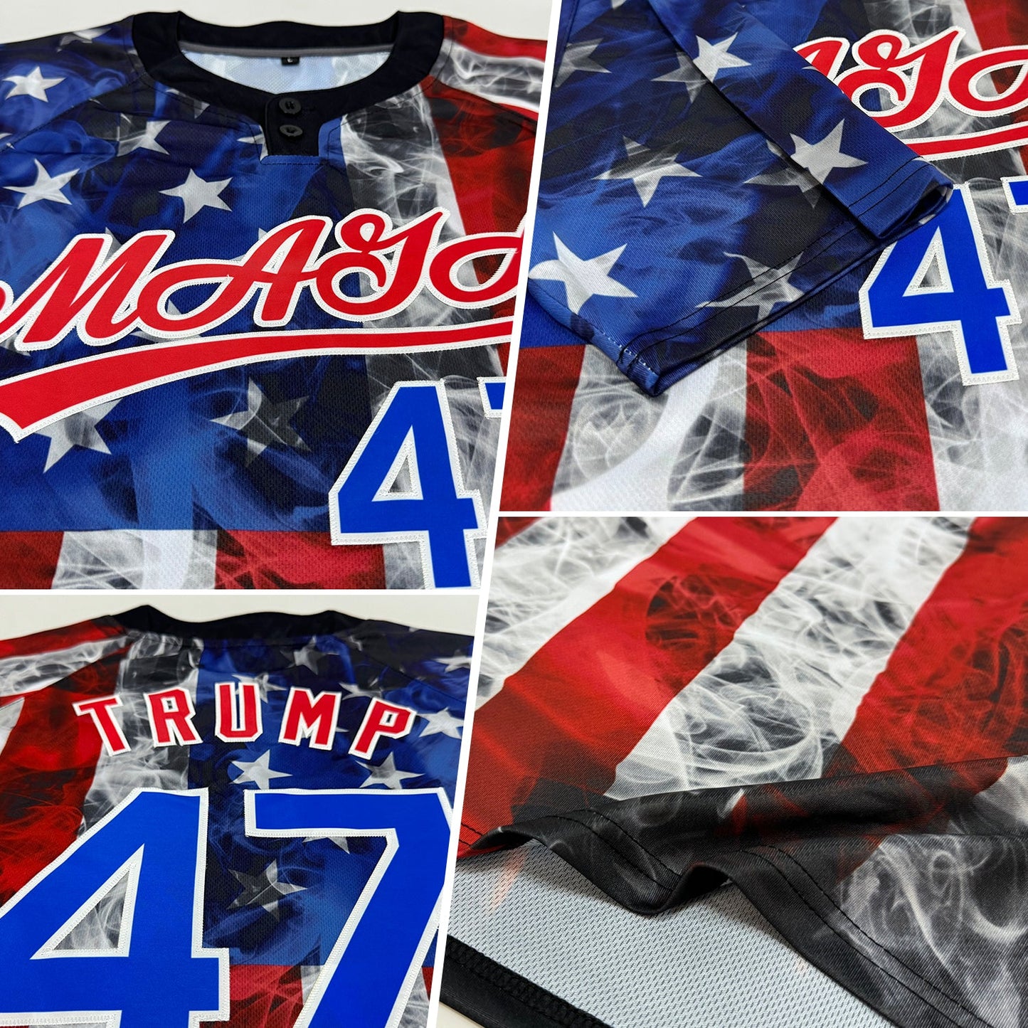 Custom White Royal-Red 3D American Flag Fashion Two-Button Unisex Softball Jersey view 2