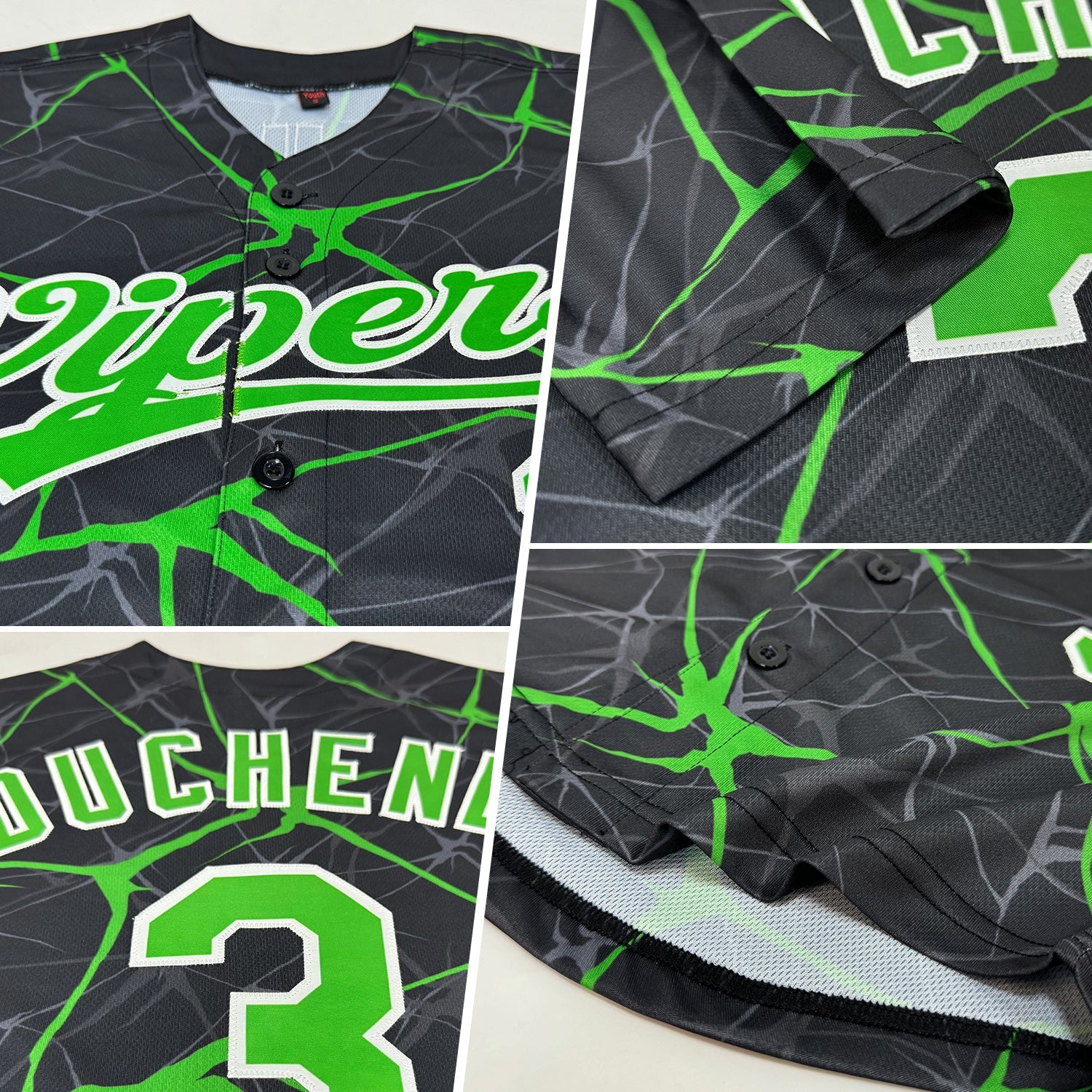 Custom Black Neon Green-White 3D Pattern Design Authentic Baseball Jersey view 2