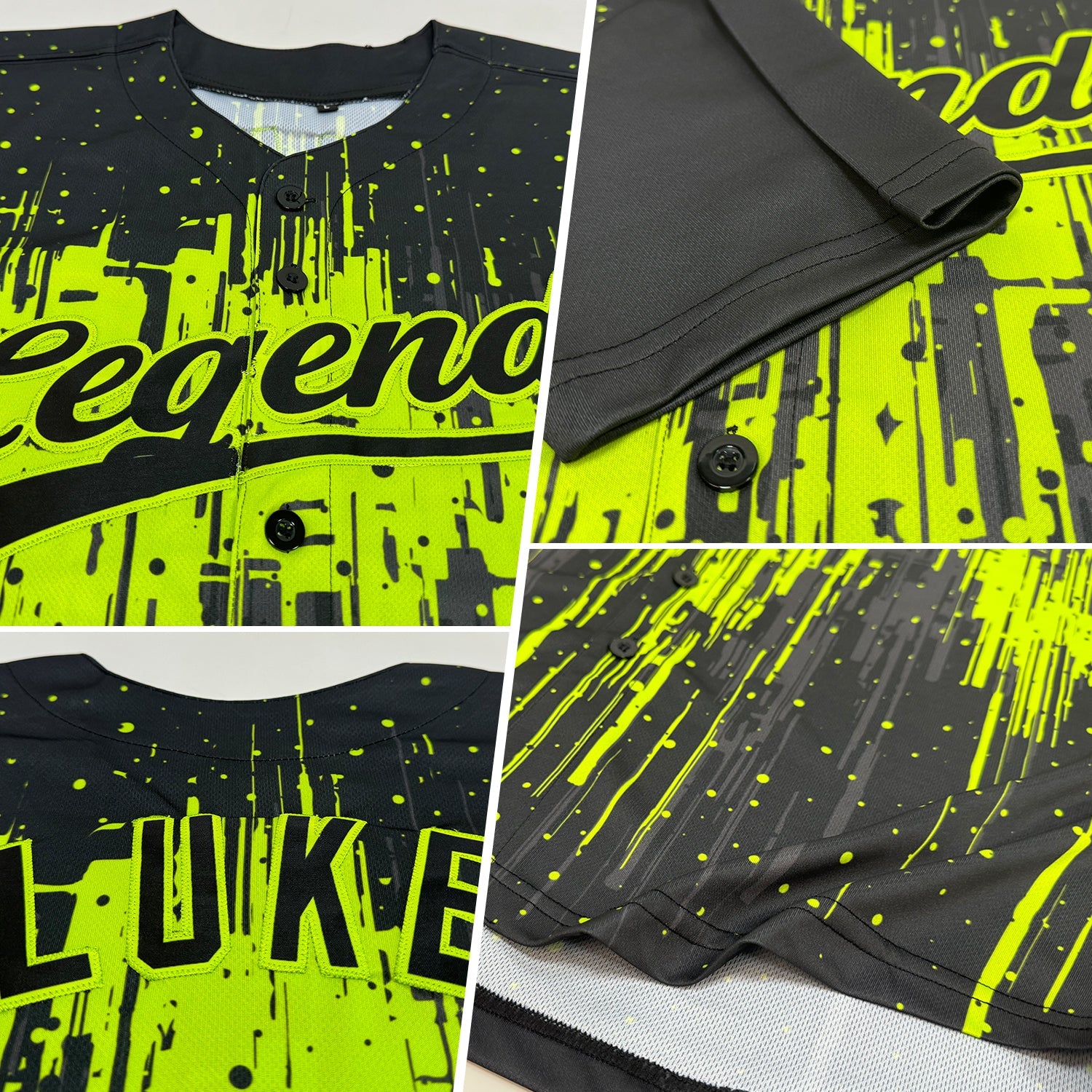 Custom Neon Green Black 3D Pattern Design Dripping Splatter Art Authentic Baseball Jersey view 2