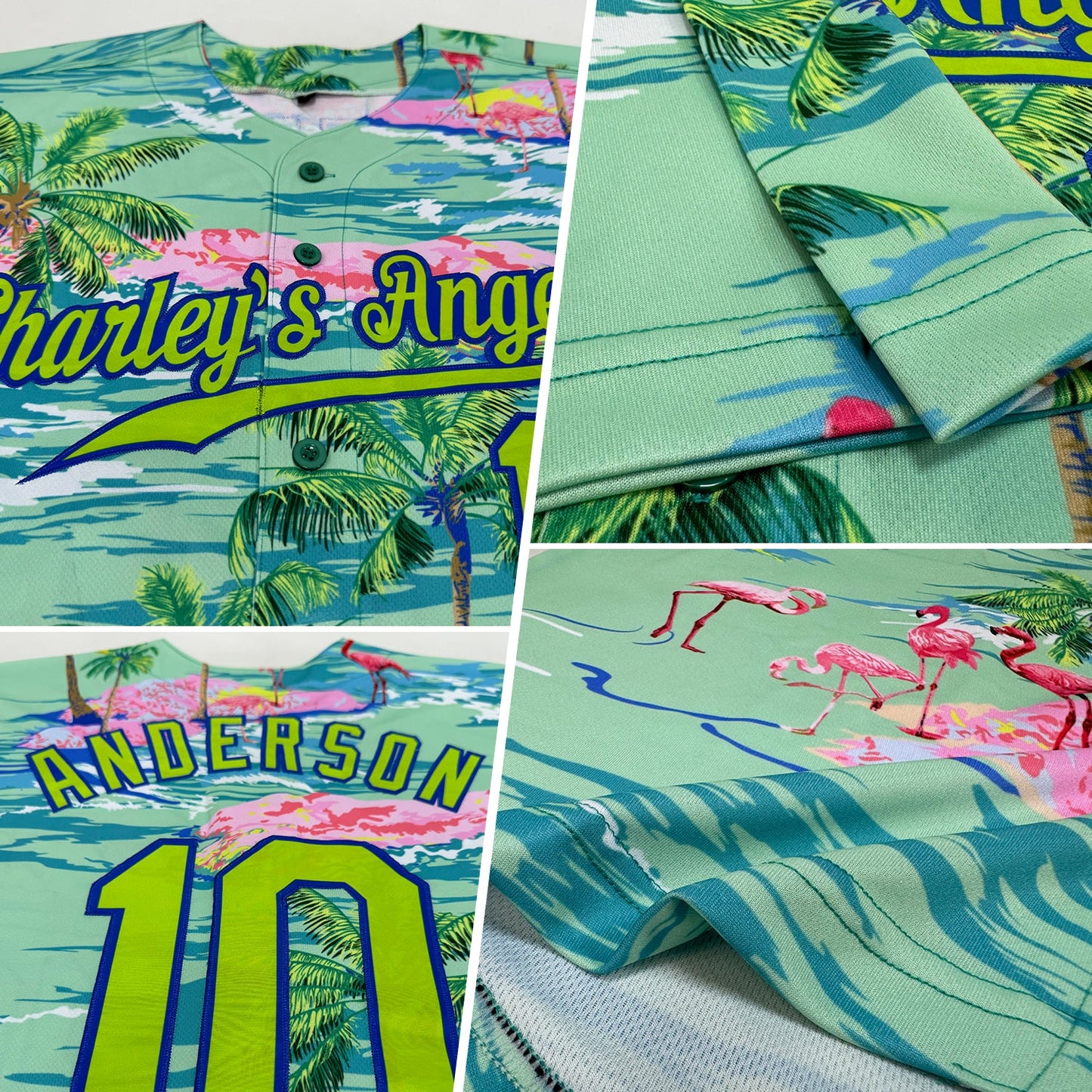 Custom Lakes Blue Neon Green-Royal 3D Pattern Design Beach Hawaii Palm Trees And Flamingo Authentic Baseball Jersey view 2