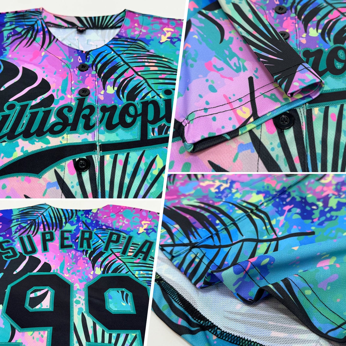 Custom Teal Black 3D Pattern Design Hawaii Palm Leaves Authentic Baseball Jersey view 2