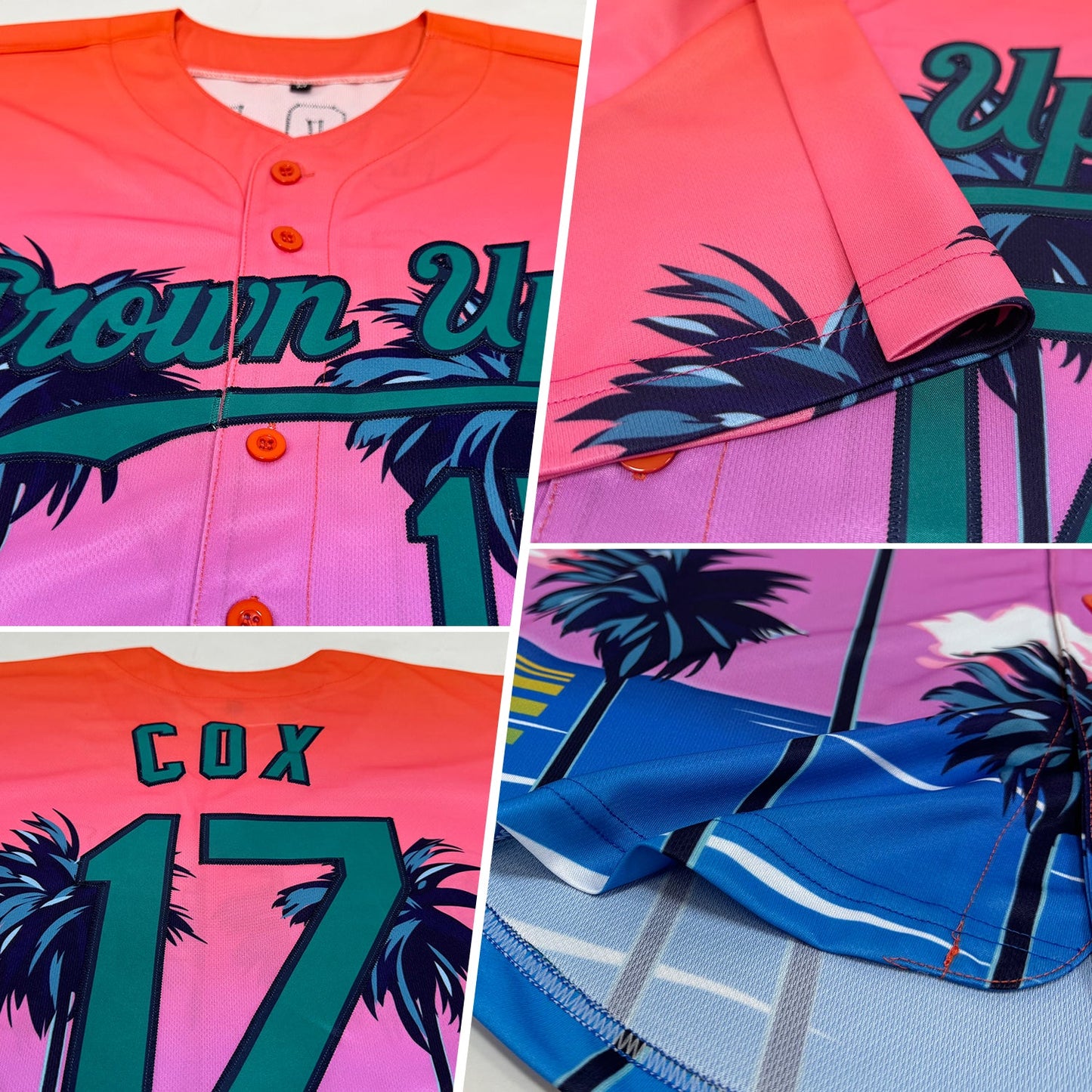 Custom Orange Teal-Navy 3D Pattern Design Sun Beach Hawaii Palm Trees Authentic Baseball Jersey view 2