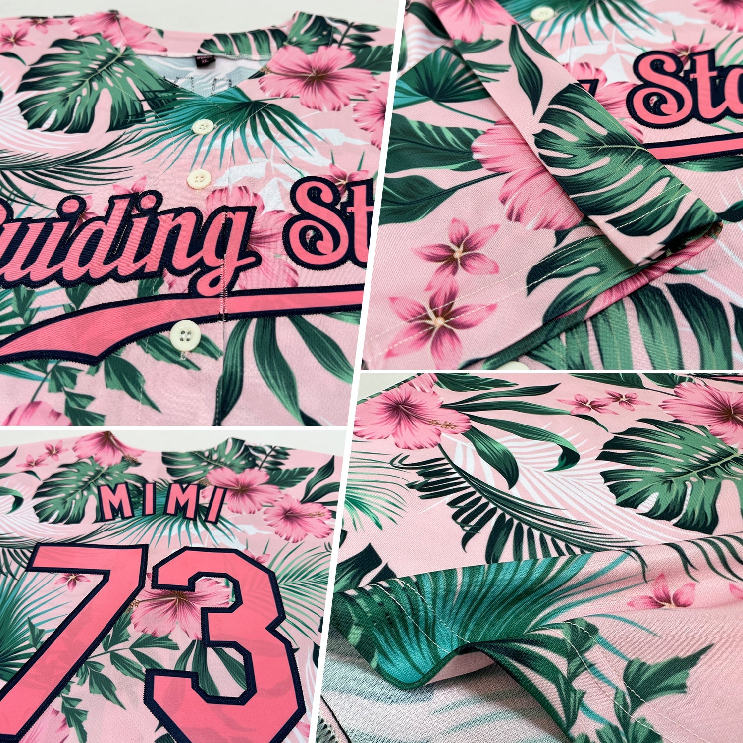 Custom White Medium Pink-Navy 3D Pattern Design Hawaii Palm Leaves And Flowers Authentic Baseball Jersey view 2