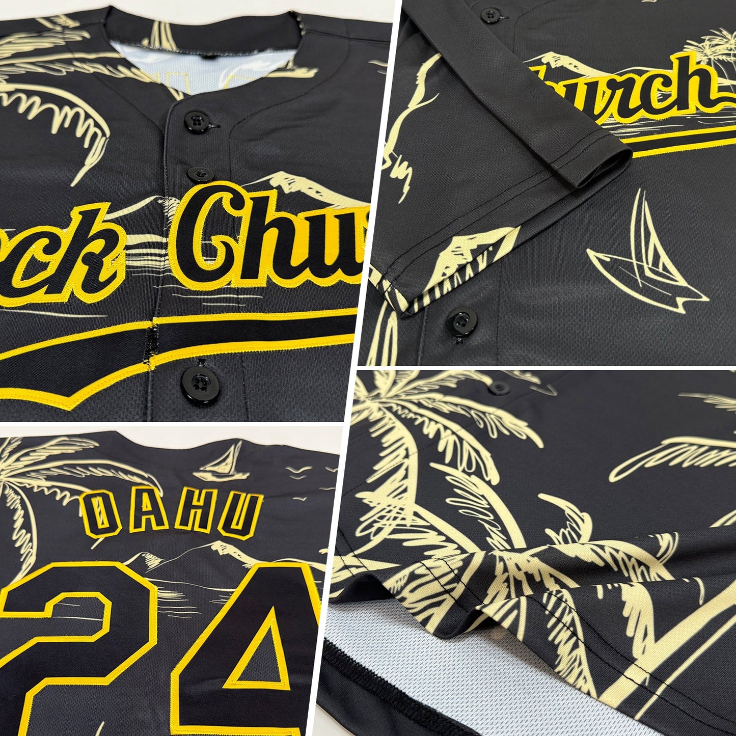 Custom Black Gold 3D Pattern Design Hawaii Palm Trees Island And Sailboat Authentic Baseball Jersey view 2
