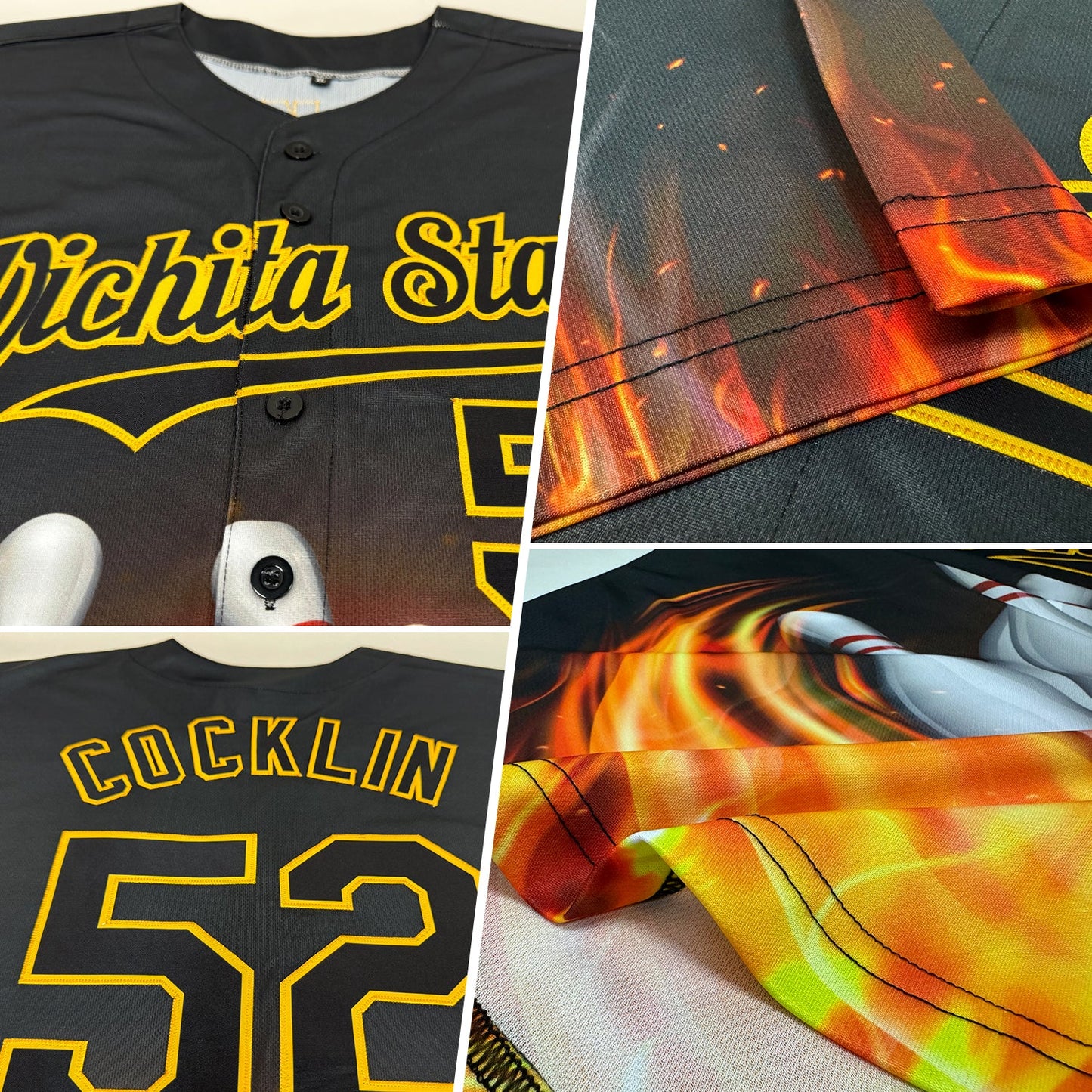 Custom Black Gold 3D Pattern Design Flame Bowling Authentic Baseball Jersey view 2