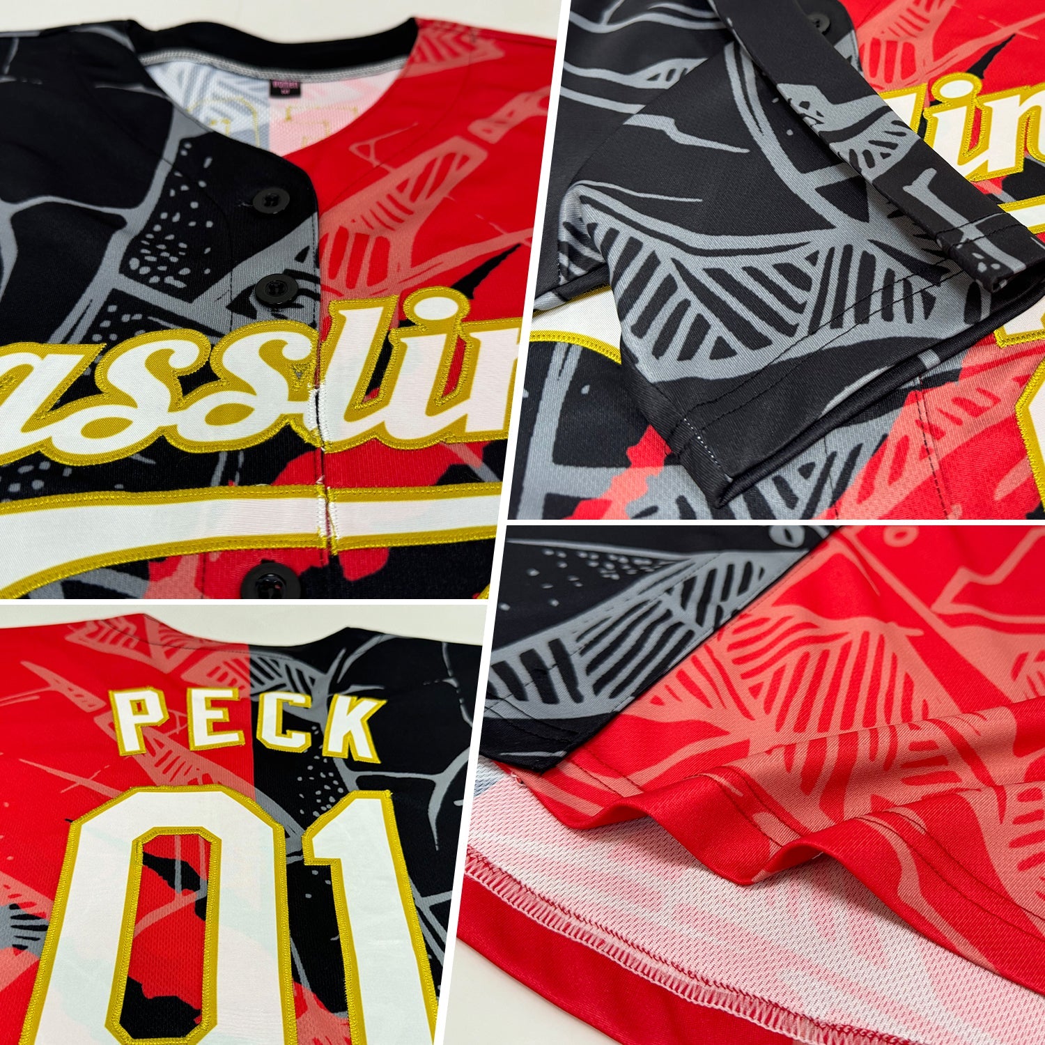 Custom Graffiti Pattern White Red Black-Old Gold 3D Scratch Authentic Baseball Jersey view 2