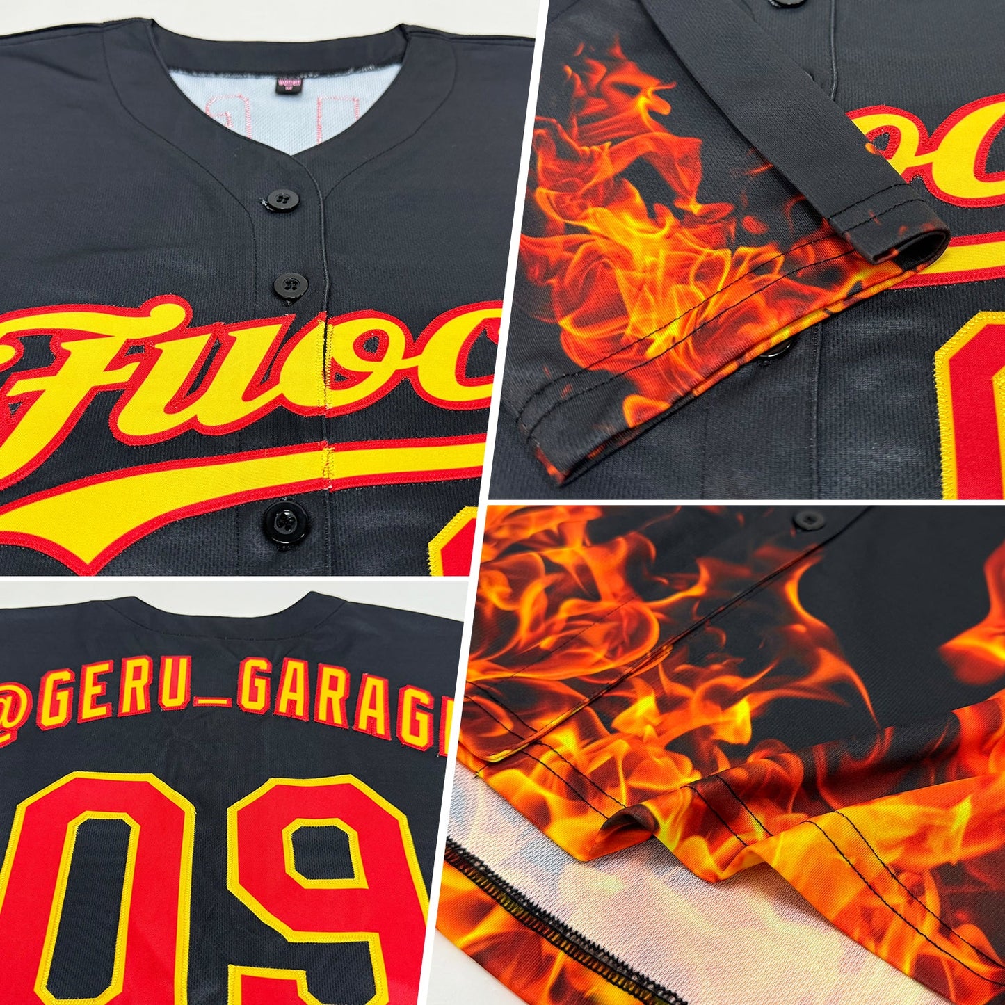Custom Black Red-Yellow 3D Pattern Design Flame Authentic Baseball Jersey view 2