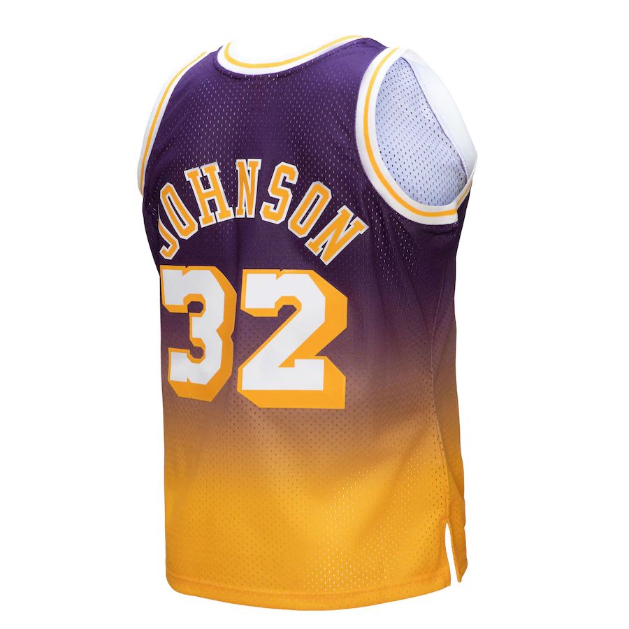 LA.Lakers #32 Magic Johnson Mitchell & Ness 1984-85 Hardwood Classics Fadeaway Swingman Player Jersey Gold Purple Stitched American Basketball Jersey - Main View