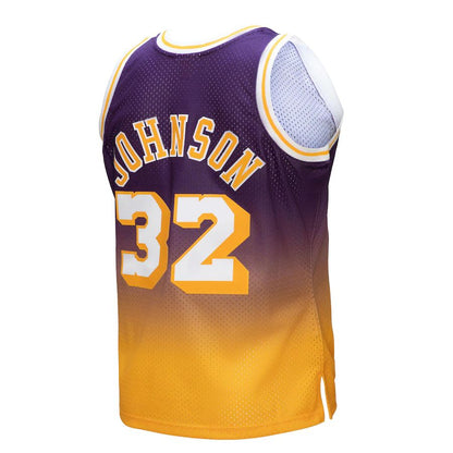 LA.Lakers #32 Magic Johnson Mitchell & Ness 1984-85 Hardwood Classics Fadeaway Swingman Player Jersey Gold Purple Stitched American Basketball Jersey - Main View