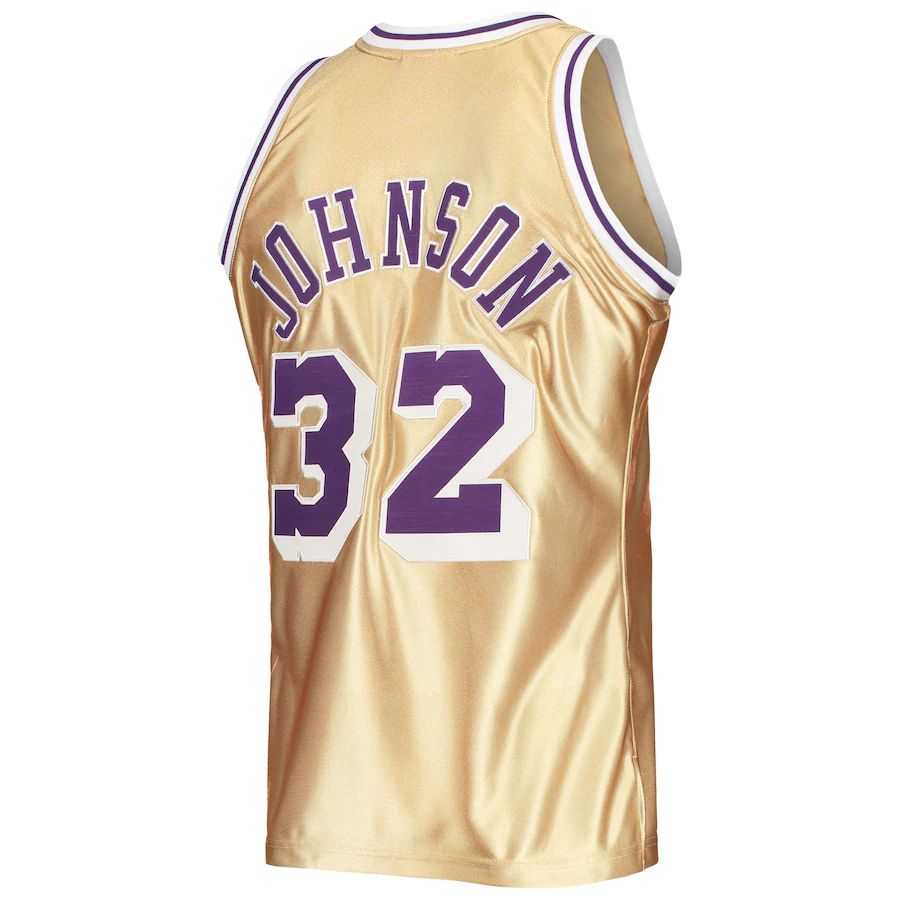 LA.Lakers #32 Magic Johnson Mitchell & Ness 75th Anniversary 1984-85 Hardwood Classics Swingman Jersey Gold Stitched American Basketball Jersey - Main View