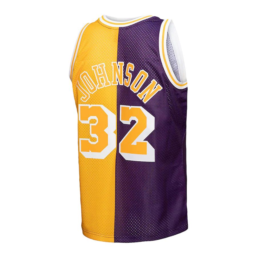 LA.Lakers #32 Magic Johnson Mitchell & Ness Big & Tall Hardwood Classics 1984-85 Split Swingman Jersey Purple Gold Stitched American Basketball Jersey - Main View