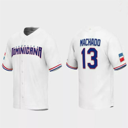 #13 Manny Machado Dominican Republic Baseball 2023 World Baseball Classic Replica Jersey ¨C White Stitches Baseball Jerseys - Main View