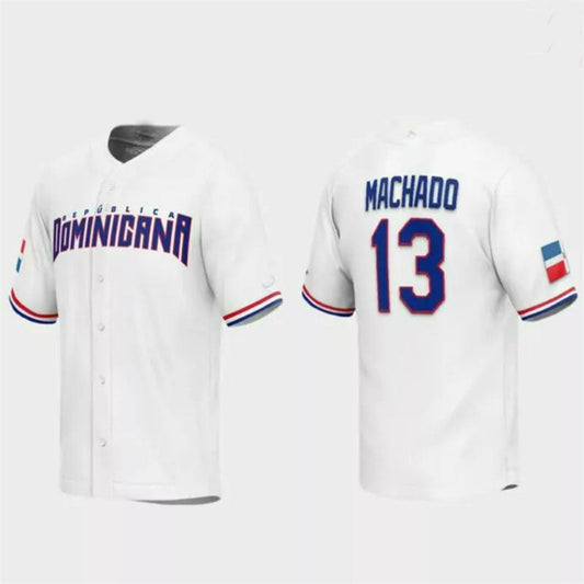 #13 Manny Machado Dominican Republic Baseball 2023 World Baseball Classic Replica Jersey ¨C White Stitches Baseball Jerseys - Main View