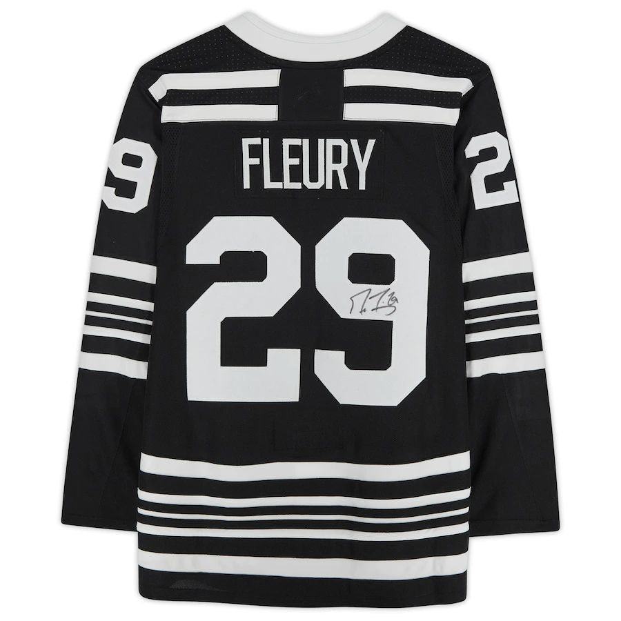 C.Blackhawks #29 Marc-Andre Fleury Fanatics Authentic Autographed Black Authentic Jersey Black Stitched American Hockey Jerseys - Main View