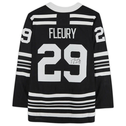 C.Blackhawks #29 Marc-Andre Fleury Fanatics Authentic Autographed Black Authentic Jersey Black Stitched American Hockey Jerseys - Main View