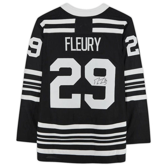 C.Blackhawks #29 Marc-Andre Fleury Fanatics Authentic Autographed Black Authentic Jersey Black Stitched American Hockey Jerseys - Main View