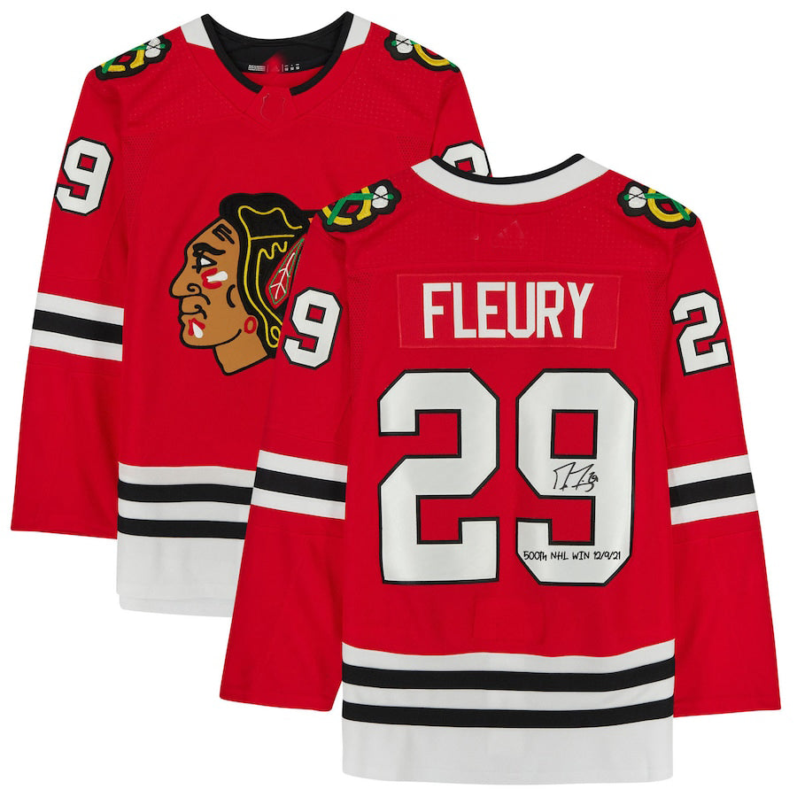 C.Blackhawks #29 Marc-Andre Fleury Authentic Autographed Red Jersey with 500th Win 12-9-21 Inscription Red Stitched American Hockey Jerseys - Main View