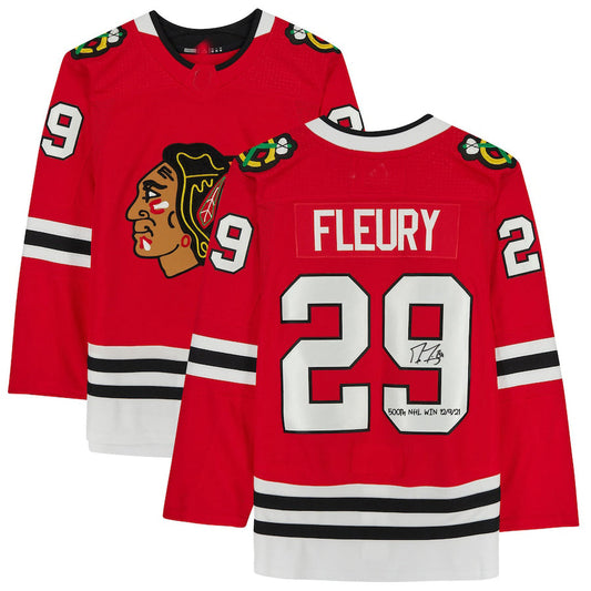 C.Blackhawks #29 Marc-Andre Fleury Authentic Autographed Red Jersey with 500th Win 12-9-21 Inscription Red Stitched American Hockey Jerseys - Main View