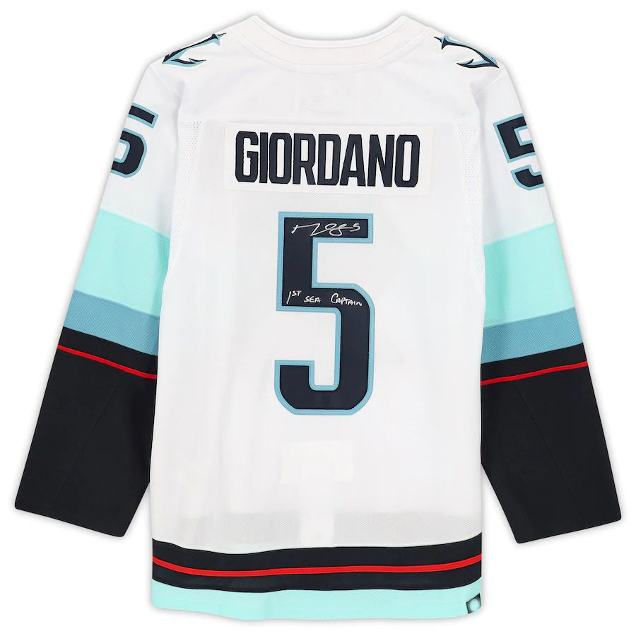 S.Kraken #5 Mark Giordano Fanatics Authentic Autographed White with Inaugural Season Jersey Patch and 1st SEA Captain Inscription Hockey Jerseys - Main View