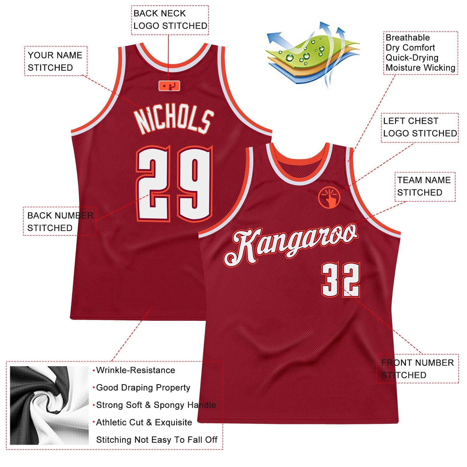 Custom Maroon White-Orange Authentic Throwback Basketball Jersey view 2