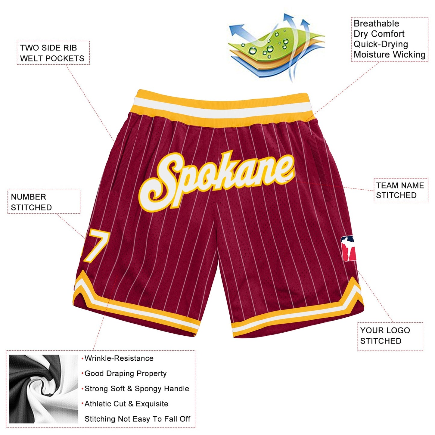 Custom Maroon White Pinstripe White-Gold Authentic Basketball Shorts view 2