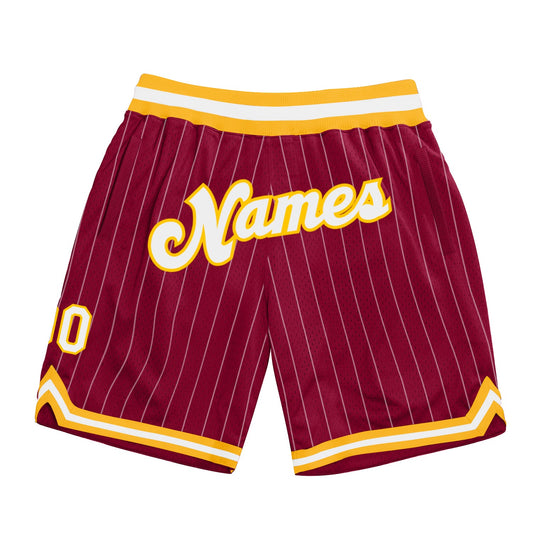 Custom Maroon White Pinstripe White-Gold Authentic Basketball Shorts - Main View