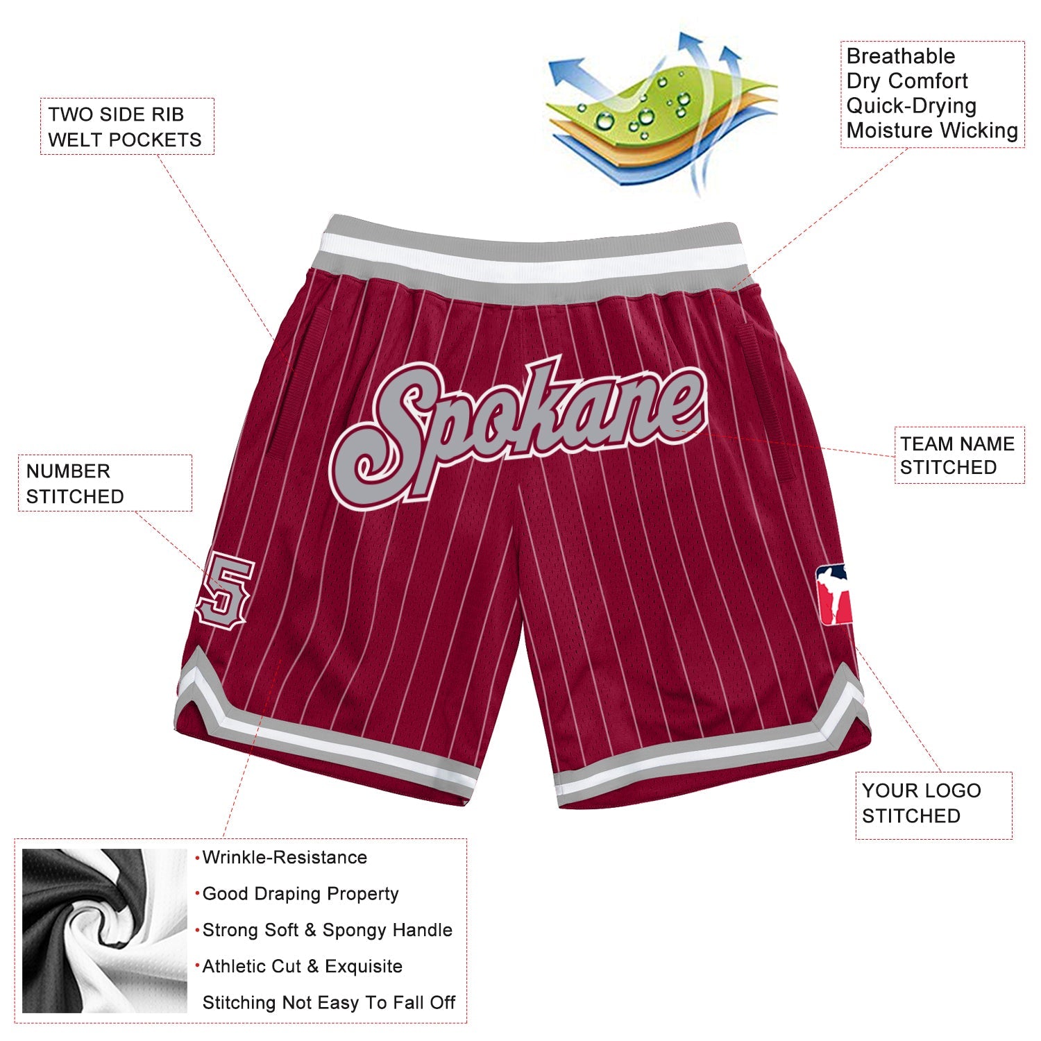 Custom Maroon White Pinstripe Gray-White Authentic Basketball Shorts view 2