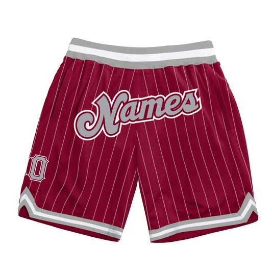 Custom Maroon White Pinstripe Gray-White Authentic Basketball Shorts - Main View