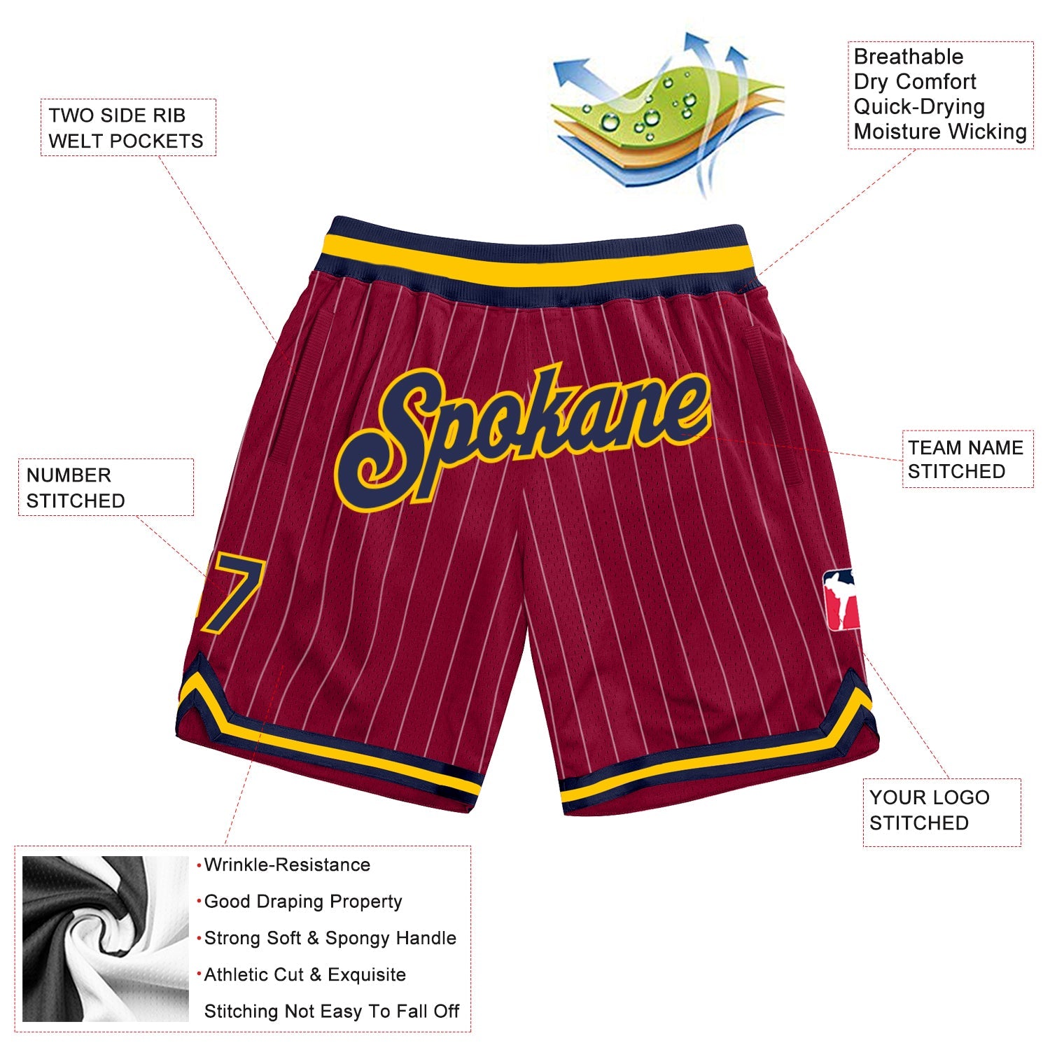 Custom Maroon White Pinstripe Navy-Gold Authentic Basketball Shorts view 2