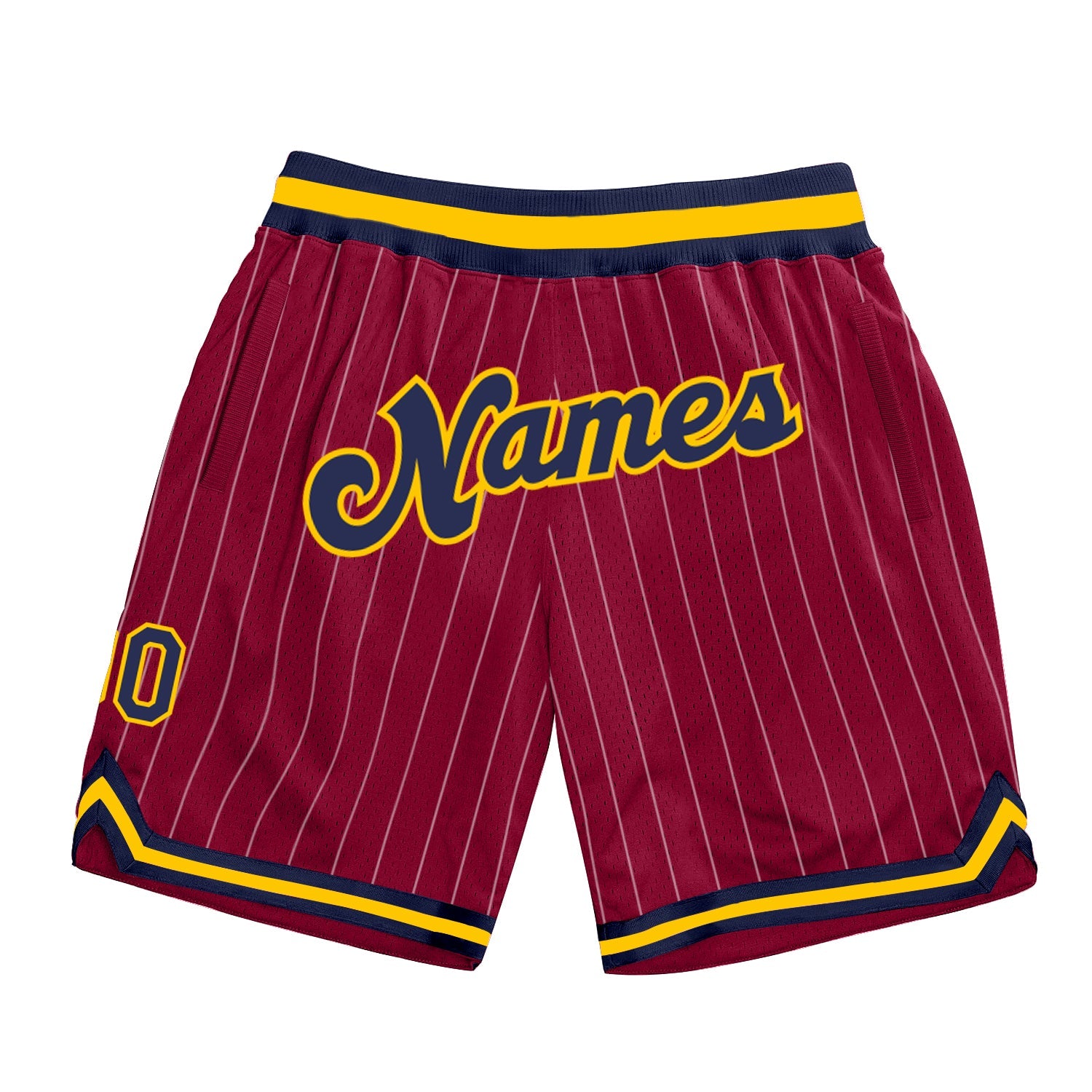 Custom Maroon White Pinstripe Navy-Gold Authentic Basketball Shorts - Main View