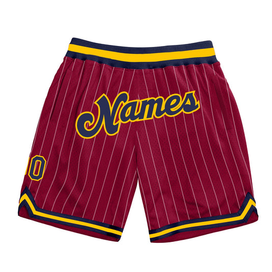 Custom Maroon White Pinstripe Navy-Gold Authentic Basketball Shorts - Main View